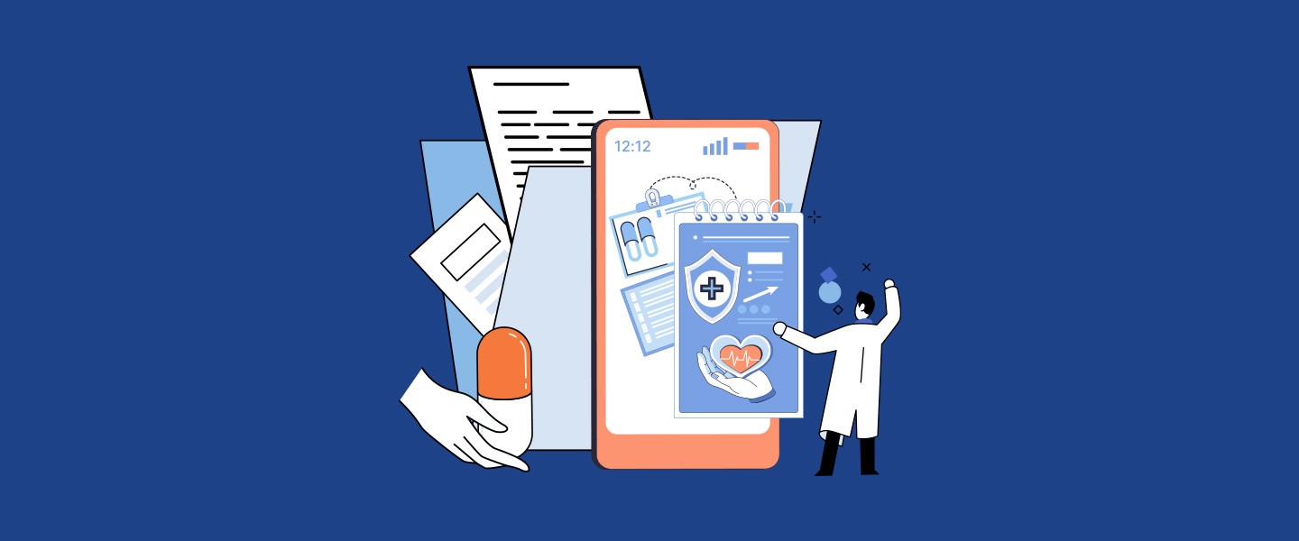 Illustration of doctor, file folder, prescription pill, and misc. hospital references and icons