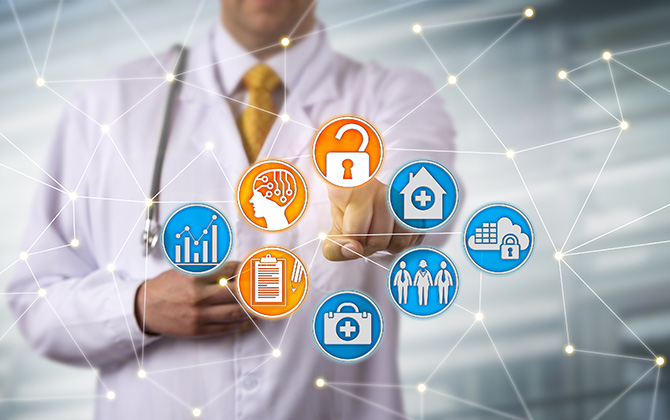 Doctor pushing an padlock icon surrounded by other healthcare related icons