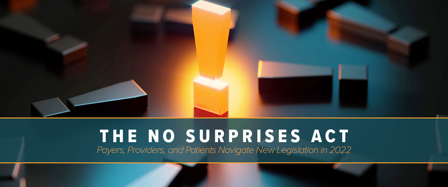 No Surprises Act with a large illuminating exclamation point background