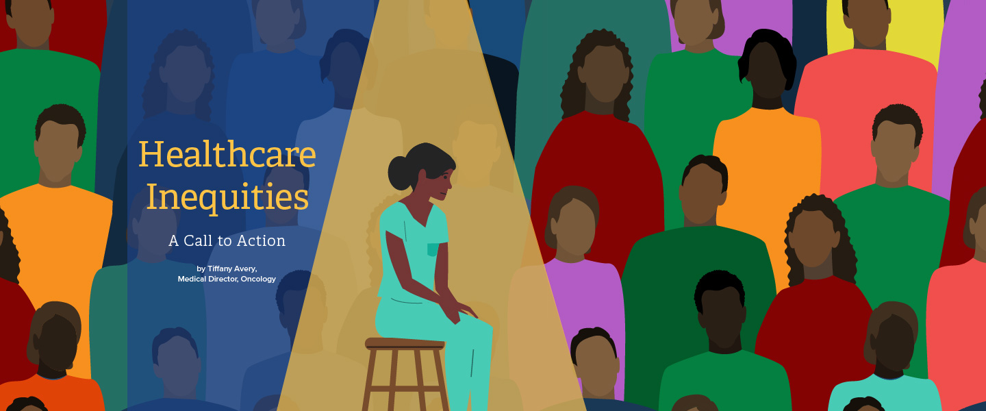 Illustration of nurse sitting on a stool with people of color in surrounding them in the background
