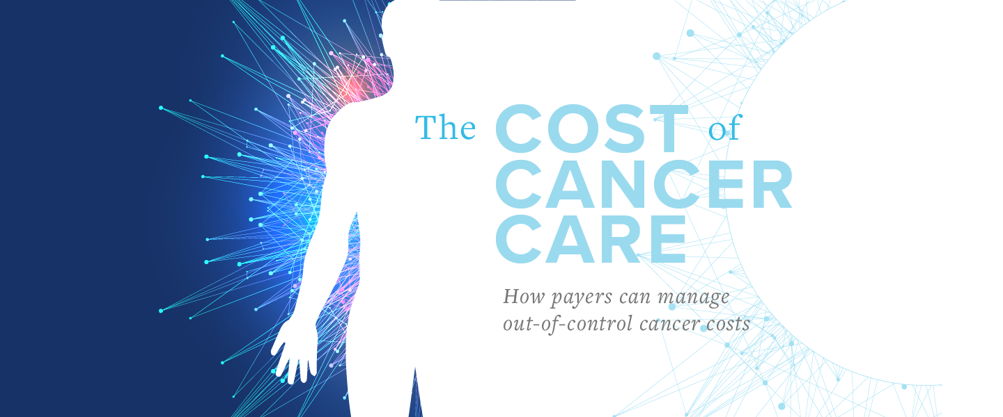 The cost of cancer care custom hero graphic and outline of human body with arm at side and hand open