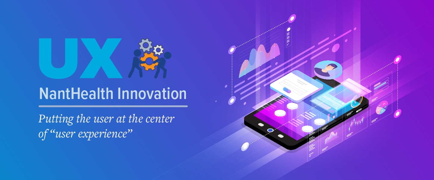 Custom hero graphic with blue and purple background and smartphone showing data and innovation