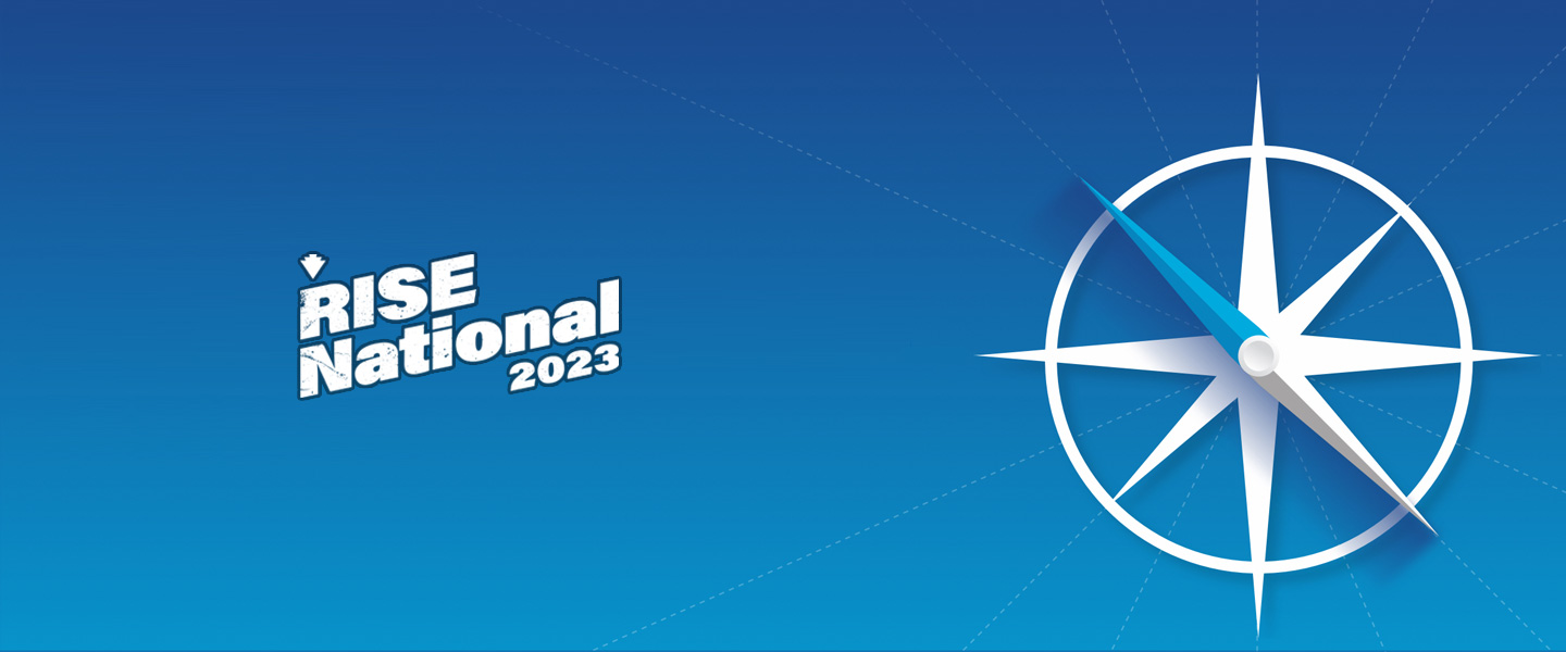 RISE National logo with blue background and illustration of a compass