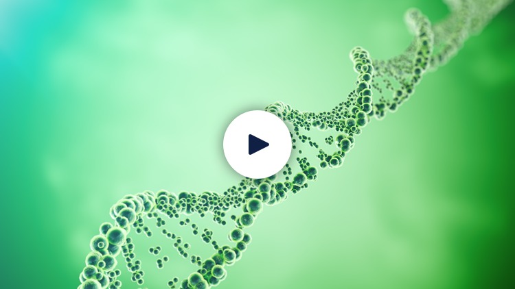 DNA Strand with green vibrant gradient background and play icon overlay