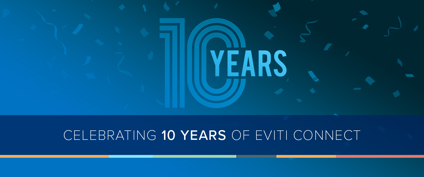 Celebrating 10 years of Eviti Connect with Eviti Product Blue gradient overlay and big 10 Years graphic as the background