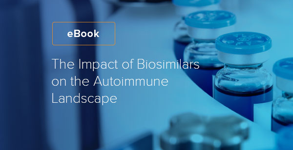 eBook: The Impact of Biosimilars on the Autoimmune Landscape with dark blue gradient background and image of medicine vials