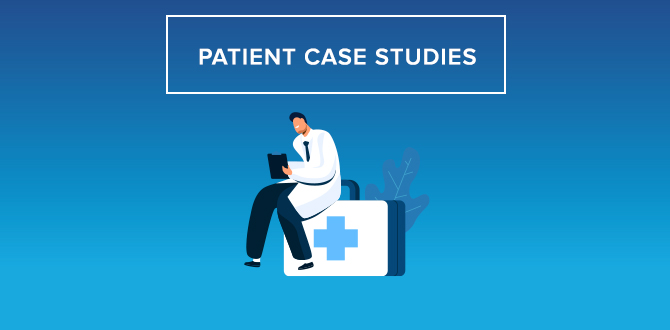 Patient Case Studies with illustrations of doctors on gradient blue background