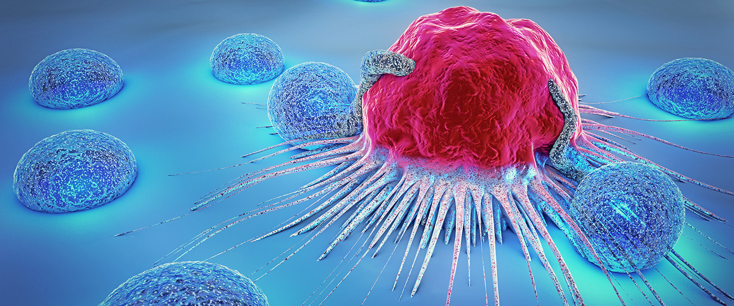 Abstract biology image of blue and bright red cancer cells