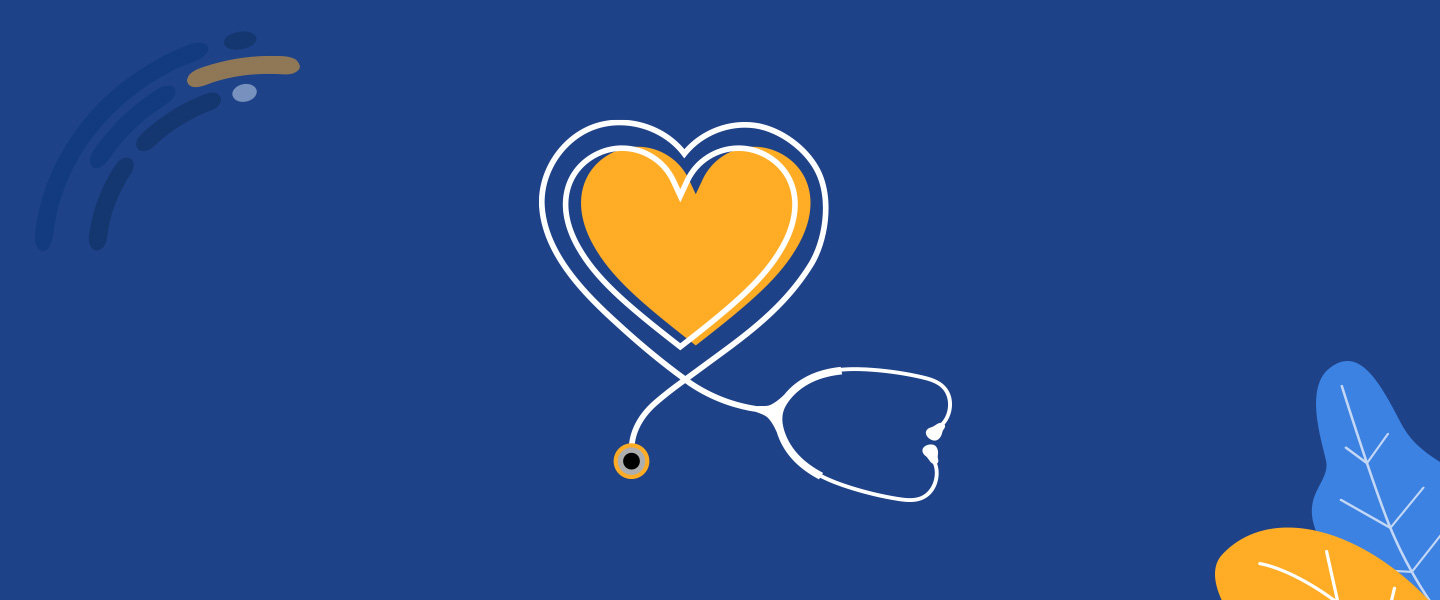 Illustration of an orange heart with a stethoscope around it on a dark blue background
