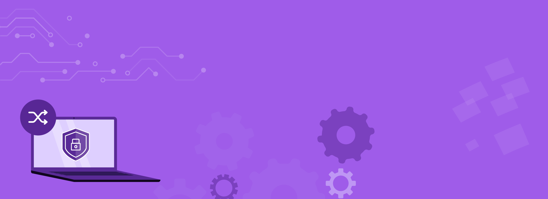illustration of laptop, gears, and technology on a purple background
