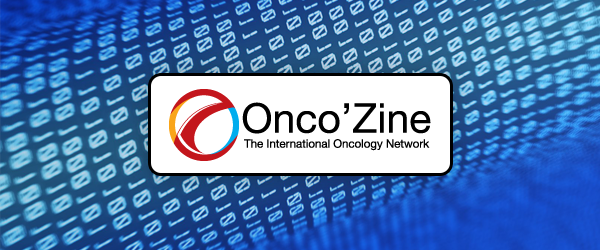 Onco'Zine Logo with digital 1 and 0s background image