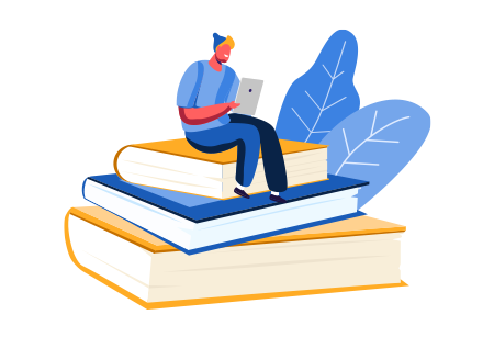 Illustration of person with tablet in hands sitting on top of a stack of books