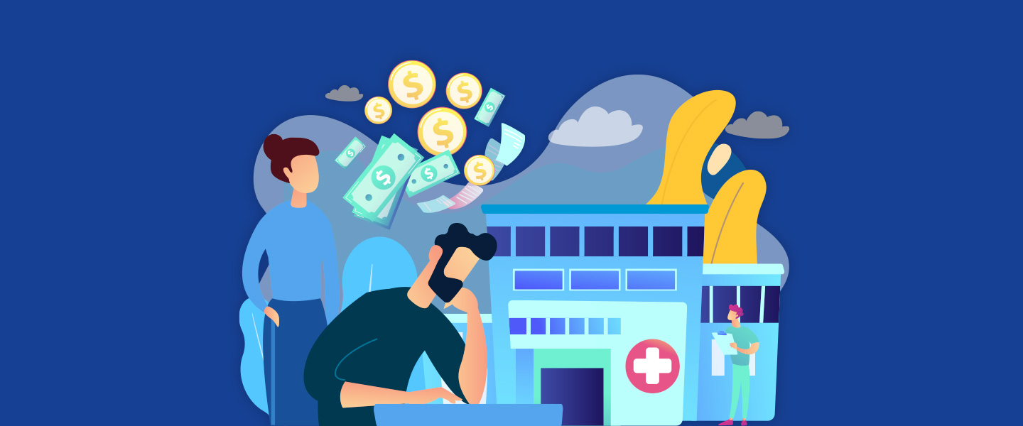 Illustration on a dark blue background of a woman and man struggling to pay their medical bills in front of a hospital