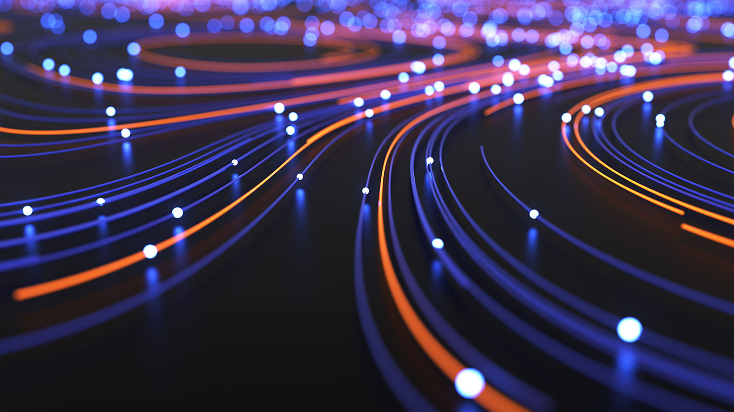 Abstract technology image that has oranges, blacks, and purple blues